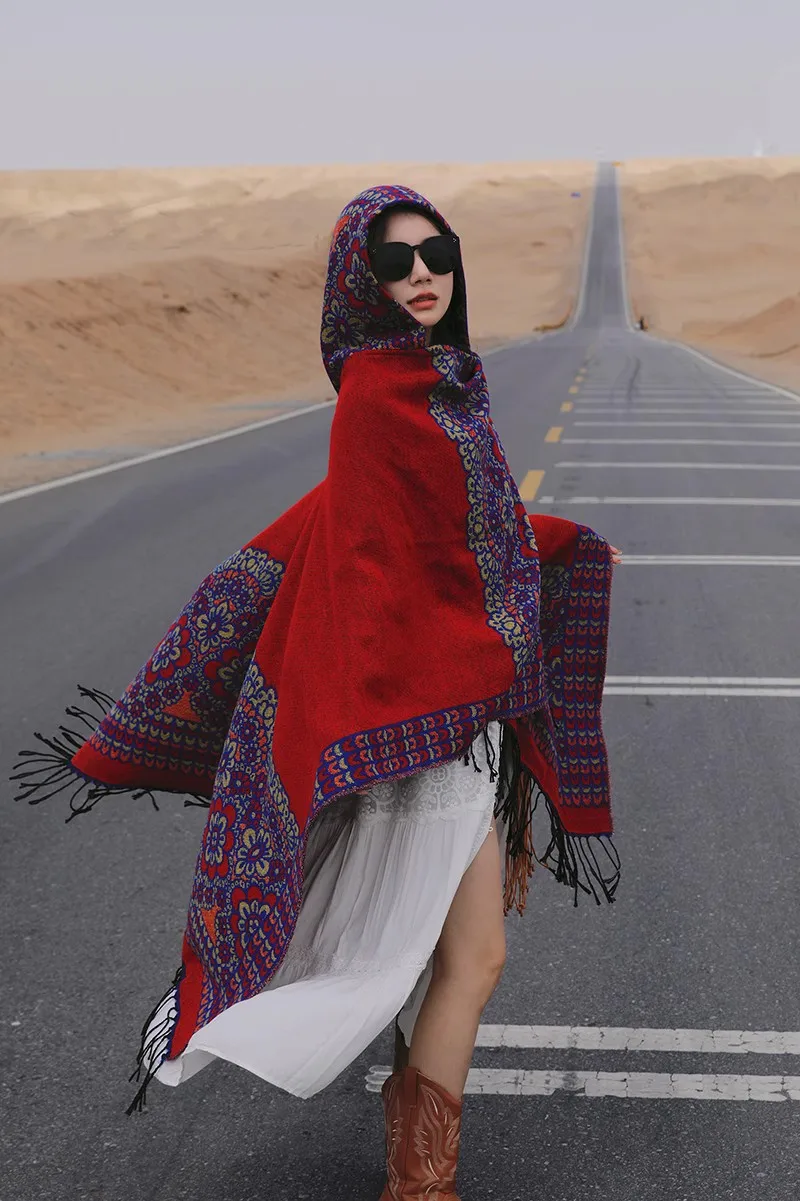 GypsyLady Boho Floral Knitted Cloaks Capes Hoodies Vintage Thick Warm Auturm Winter Women Ethnic Tassels Cloak Poncho Outwear