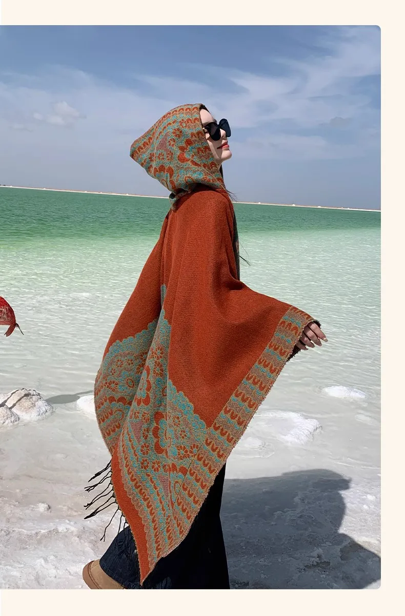 GypsyLady Boho Floral Knitted Cloaks Capes Hoodies Vintage Thick Warm Auturm Winter Women Ethnic Tassels Cloak Poncho Outwear
