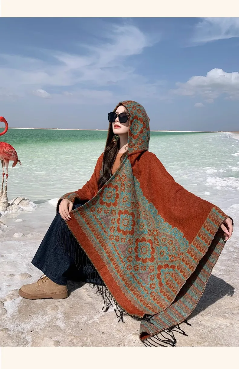 GypsyLady Boho Floral Knitted Cloaks Capes Hoodies Vintage Thick Warm Auturm Winter Women Ethnic Tassels Cloak Poncho Outwear