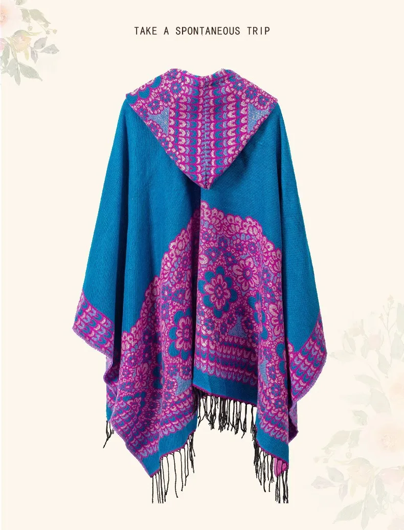 GypsyLady Boho Floral Knitted Cloaks Capes Hoodies Vintage Thick Warm Auturm Winter Women Ethnic Tassels Cloak Poncho Outwear
