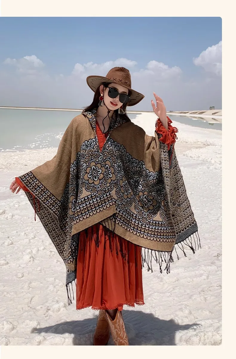 GypsyLady Boho Floral Knitted Cloaks Capes Hoodies Vintage Thick Warm Auturm Winter Women Ethnic Tassels Cloak Poncho Outwear