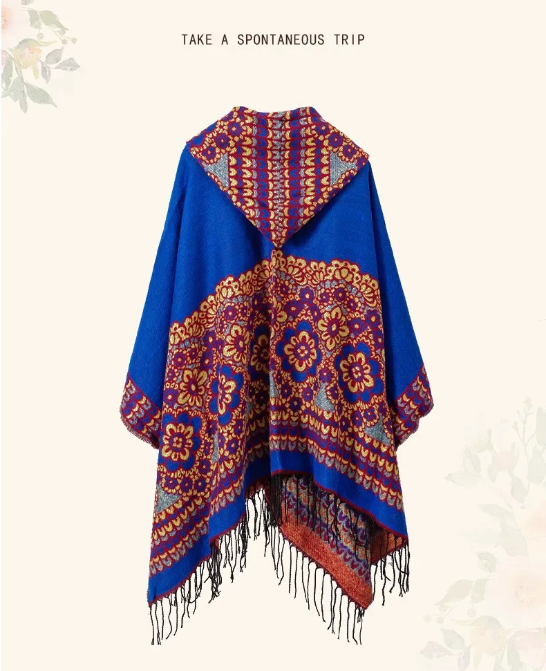 GypsyLady Boho Floral Knitted Cloaks Capes Hoodies Vintage Thick Warm Auturm Winter Women Ethnic Tassels Cloak Poncho Outwear
