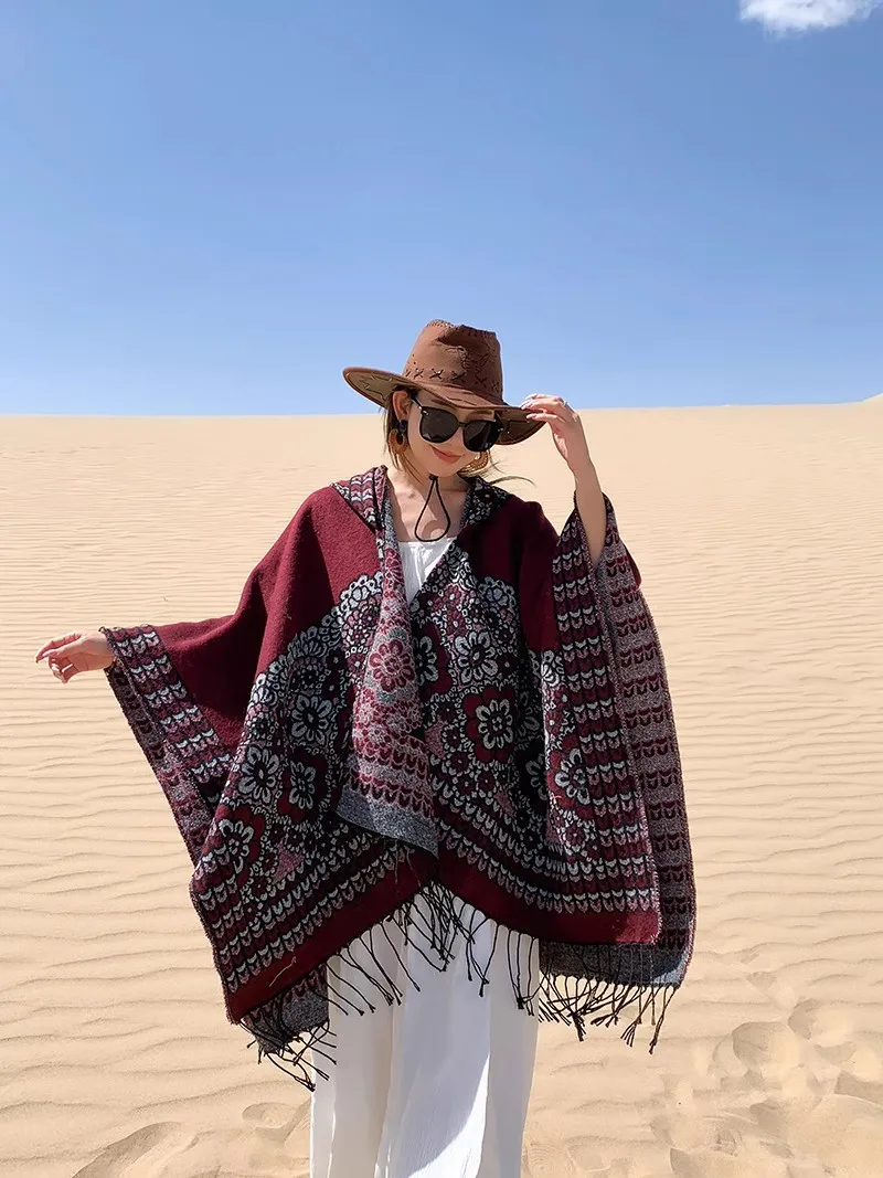 GypsyLady Boho Floral Knitted Cloaks Capes Hoodies Vintage Thick Warm Auturm Winter Women Ethnic Tassels Cloak Poncho Outwear