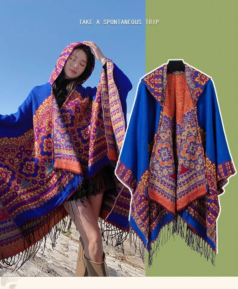 GypsyLady Boho Floral Knitted Cloaks Capes Hoodies Vintage Thick Warm Auturm Winter Women Ethnic Tassels Cloak Poncho Outwear