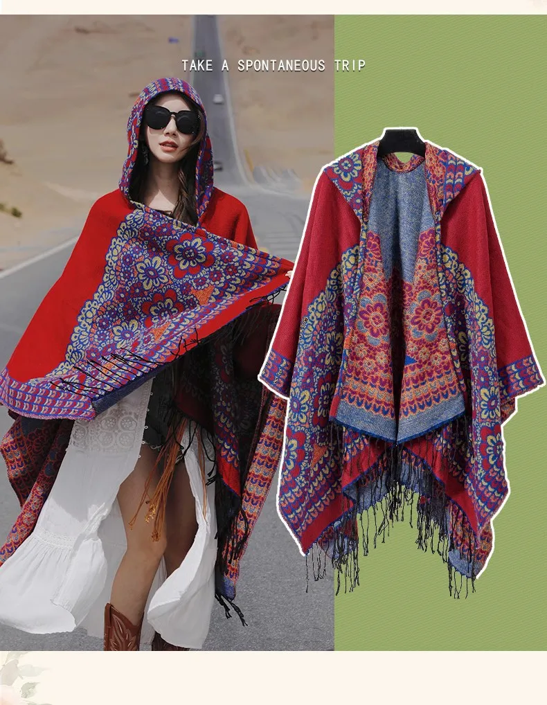 GypsyLady Boho Floral Knitted Cloaks Capes Hoodies Vintage Thick Warm Auturm Winter Women Ethnic Tassels Cloak Poncho Outwear