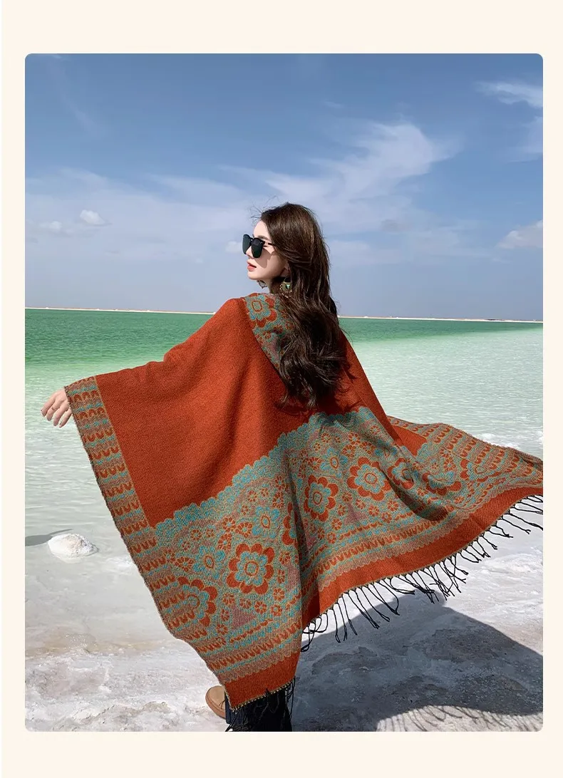 GypsyLady Boho Floral Knitted Cloaks Capes Hoodies Vintage Thick Warm Auturm Winter Women Ethnic Tassels Cloak Poncho Outwear