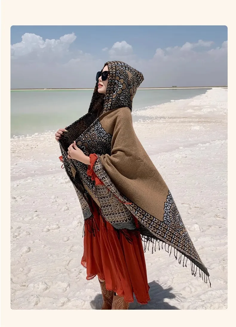 GypsyLady Boho Floral Knitted Cloaks Capes Hoodies Vintage Thick Warm Auturm Winter Women Ethnic Tassels Cloak Poncho Outwear