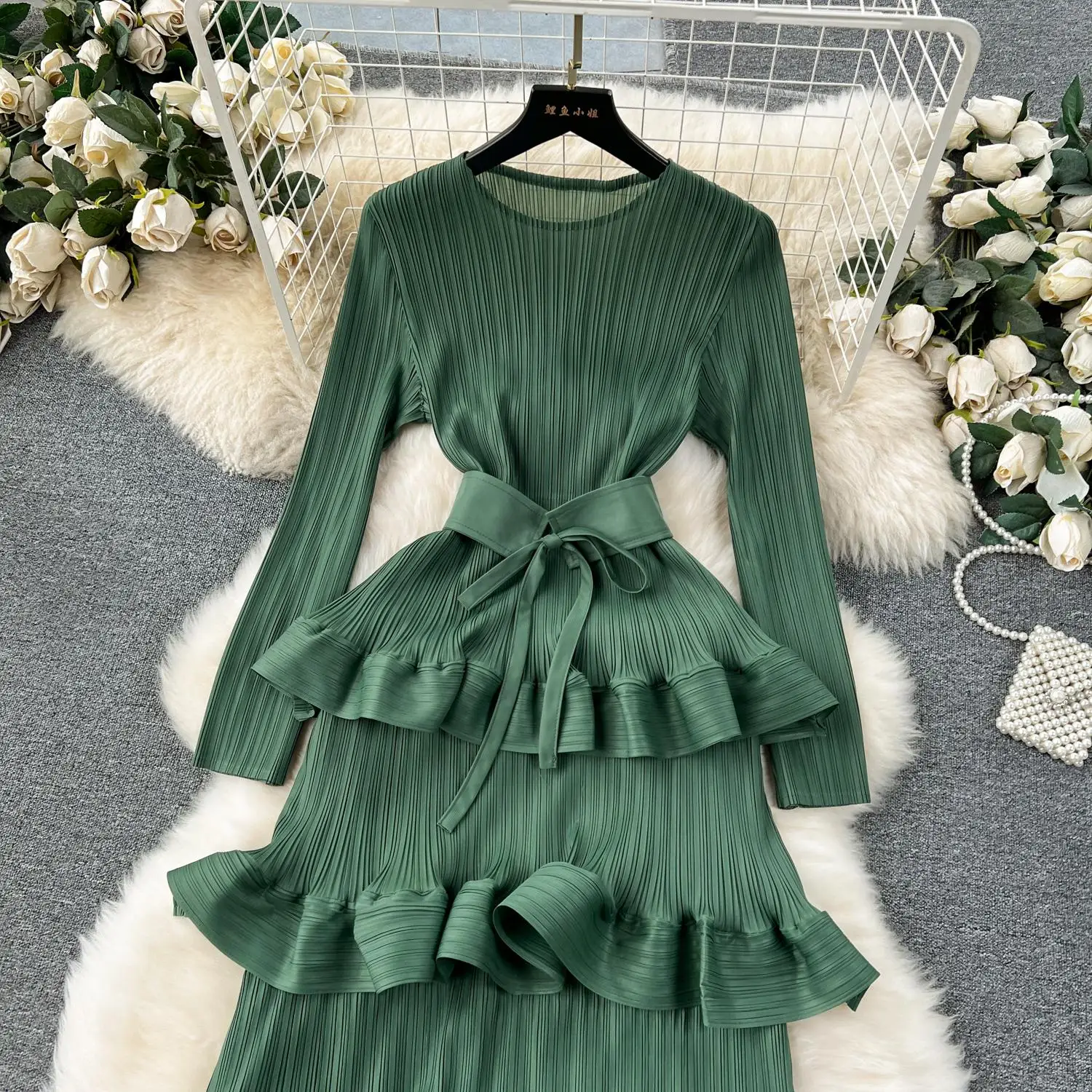 Miyake Multi-layer Cascading Pleated Dress Women O Neck Long Sleeve Solid Color Ruffles Cake Belt Dress Female Party Clothing