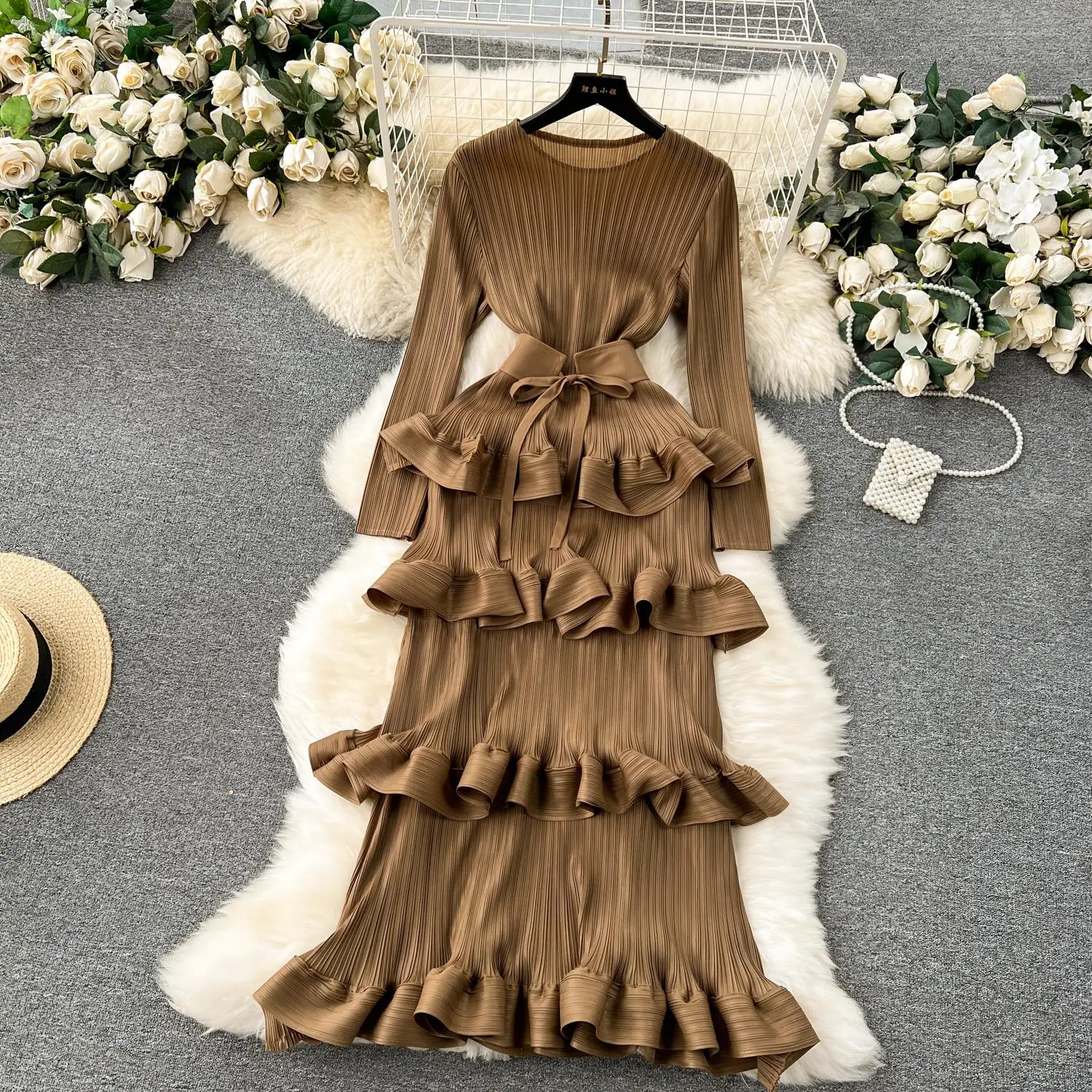 Miyake Multi-layer Cascading Pleated Dress Women O Neck Long Sleeve Solid Color Ruffles Cake Belt Dress Female Party Clothing