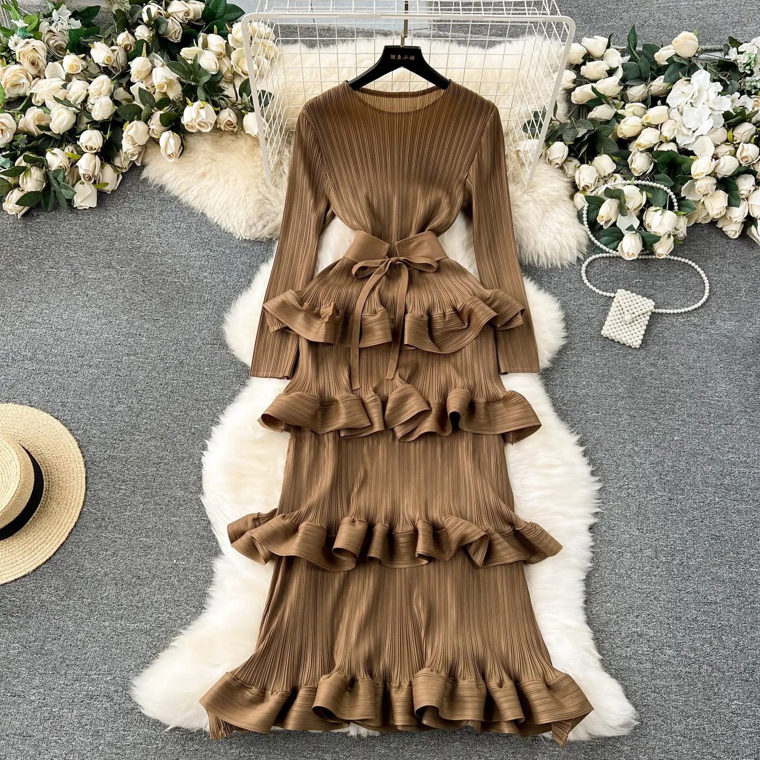 Miyake Multi-layer Cascading Pleated Dress Women O Neck Long Sleeve Solid Color Ruffles Cake Belt Dress Female Party Clothing