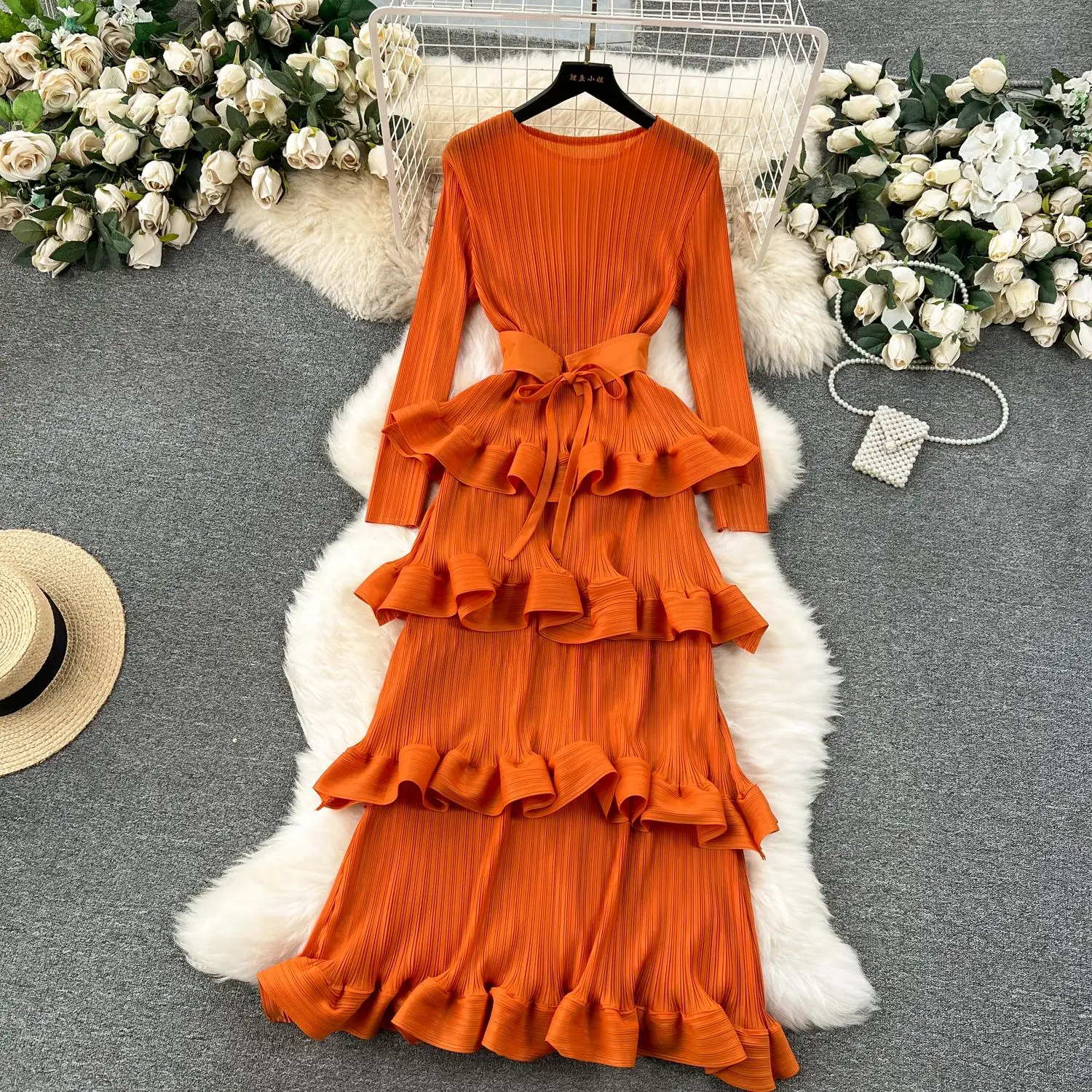 Miyake Multi-layer Cascading Pleated Dress Women O Neck Long Sleeve Solid Color Ruffles Cake Belt Dress Female Party Clothing