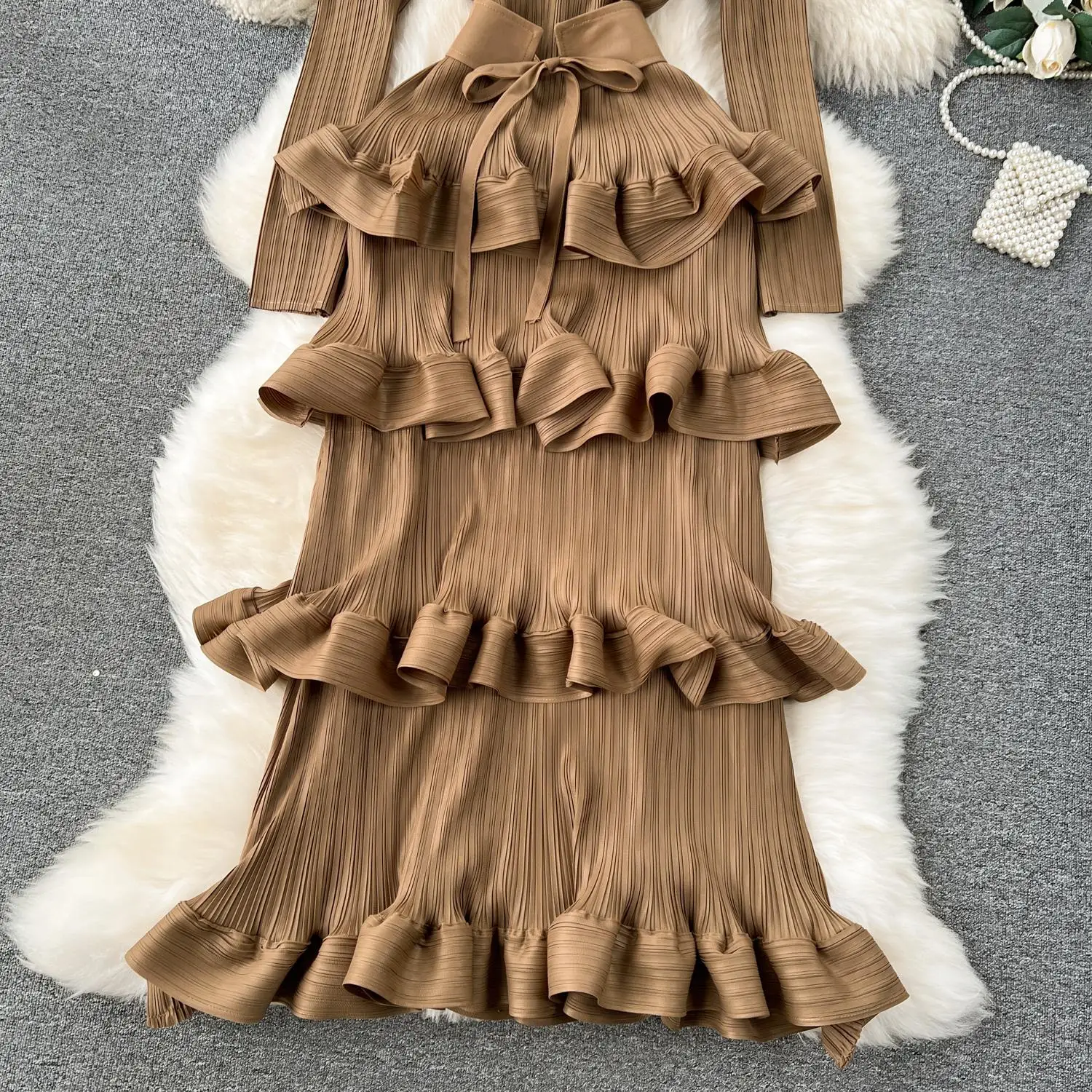 Miyake Multi-layer Cascading Pleated Dress Women O Neck Long Sleeve Solid Color Ruffles Cake Belt Dress Female Party Clothing