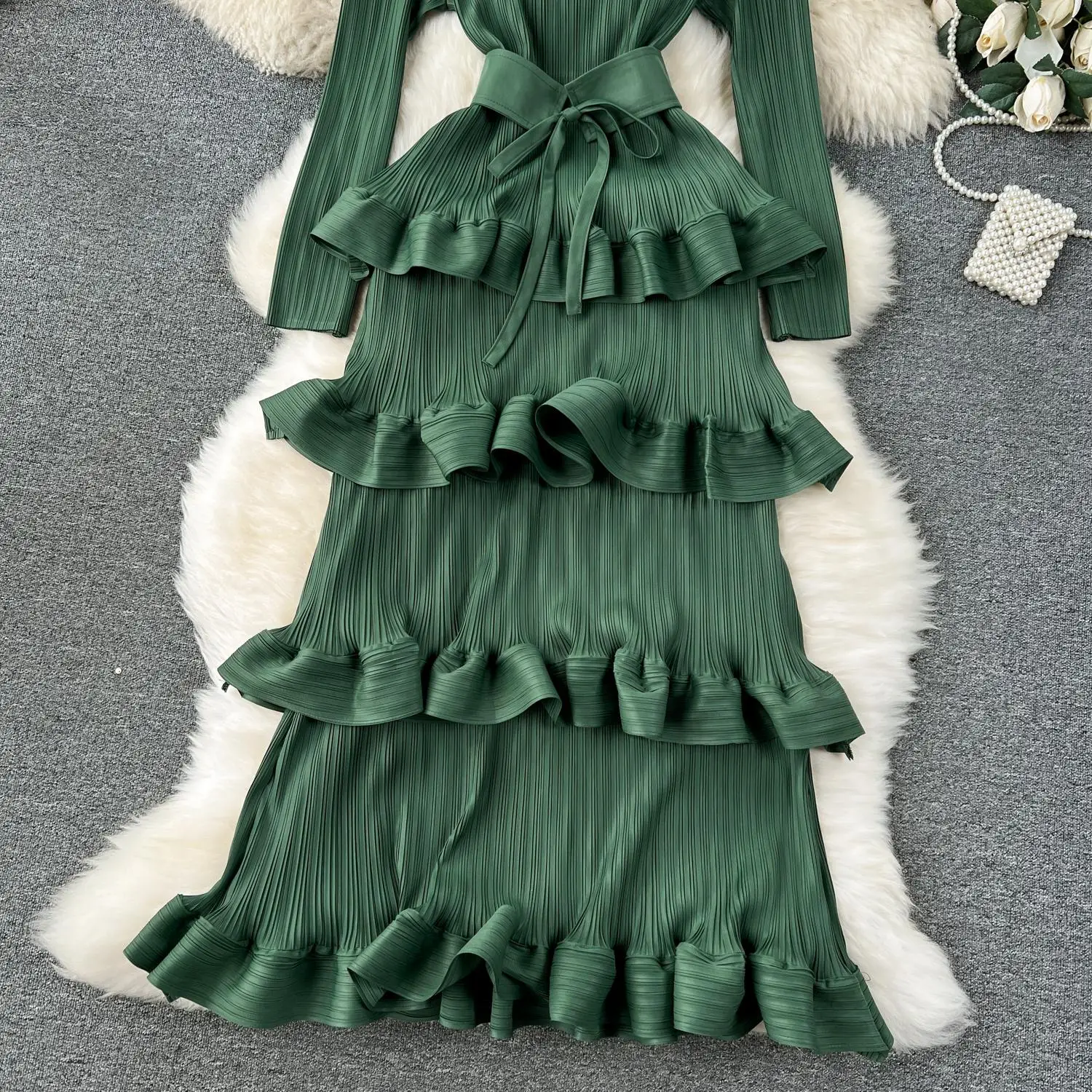 Miyake Multi-layer Cascading Pleated Dress Women O Neck Long Sleeve Solid Color Ruffles Cake Belt Dress Female Party Clothing