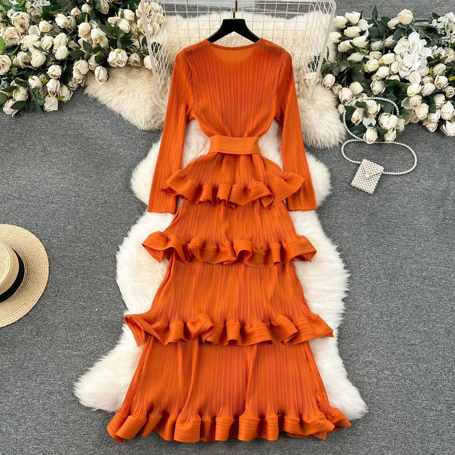 Miyake Multi-layer Cascading Pleated Dress Women O Neck Long Sleeve Solid Color Ruffles Cake Belt Dress Female Party Clothing