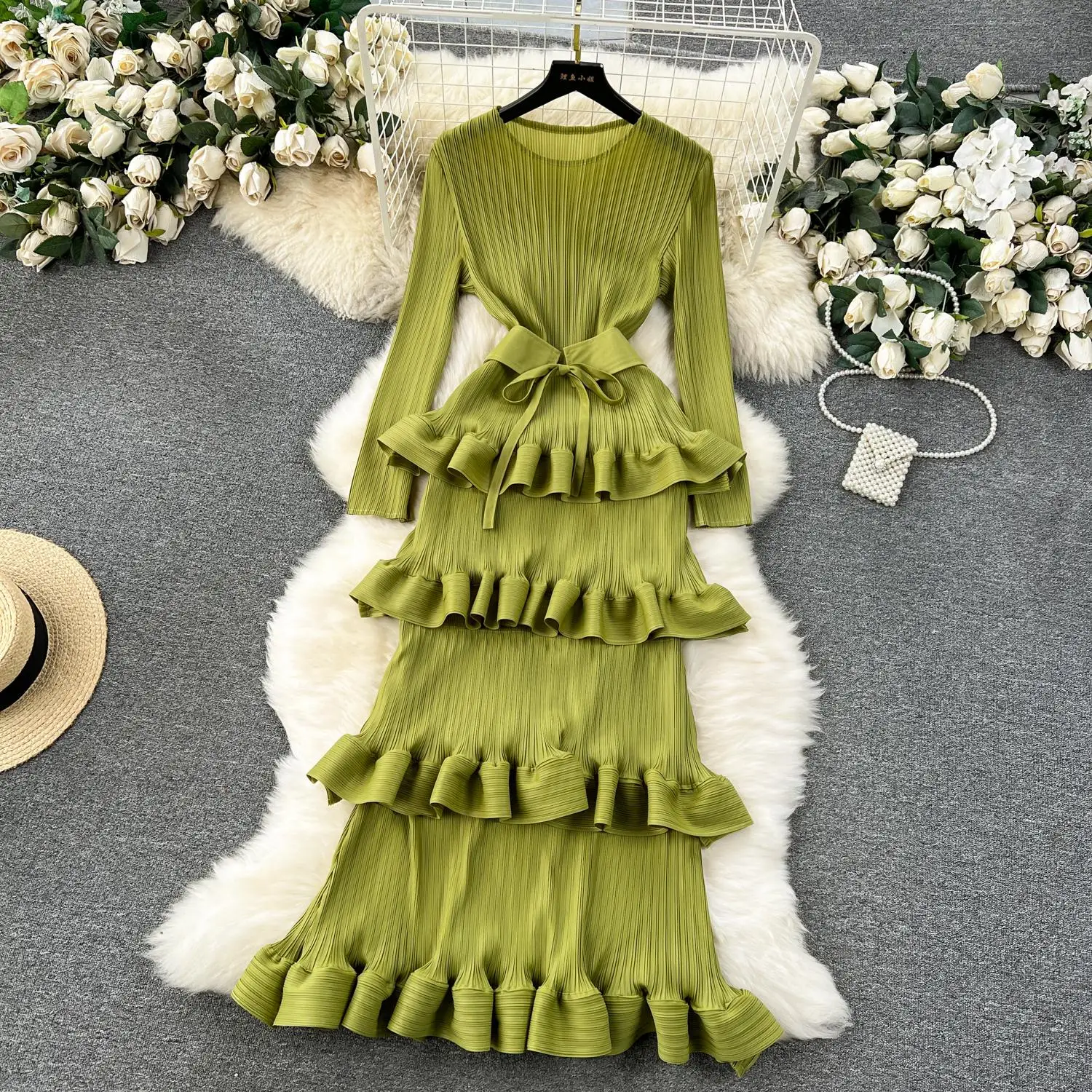 Miyake Multi-layer Cascading Pleated Dress Women O Neck Long Sleeve Solid Color Ruffles Cake Belt Dress Female Party Clothing