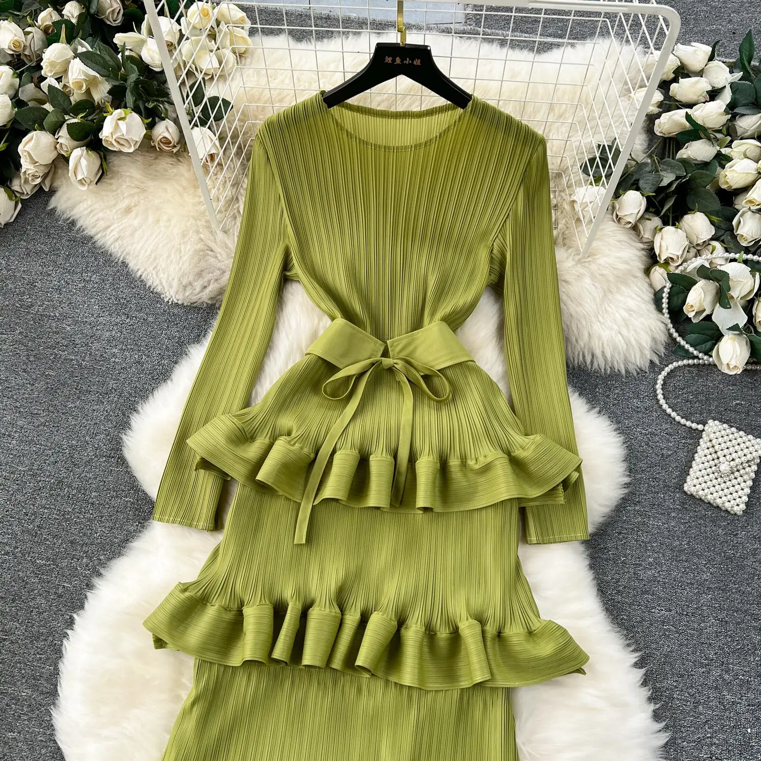 Miyake Multi-layer Cascading Pleated Dress Women O Neck Long Sleeve Solid Color Ruffles Cake Belt Dress Female Party Clothing
