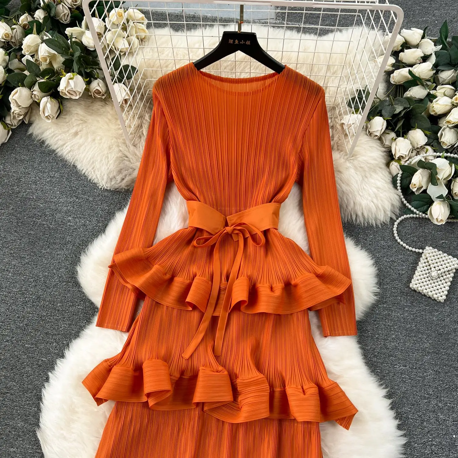 Miyake Multi-layer Cascading Pleated Dress Women O Neck Long Sleeve Solid Color Ruffles Cake Belt Dress Female Party Clothing
