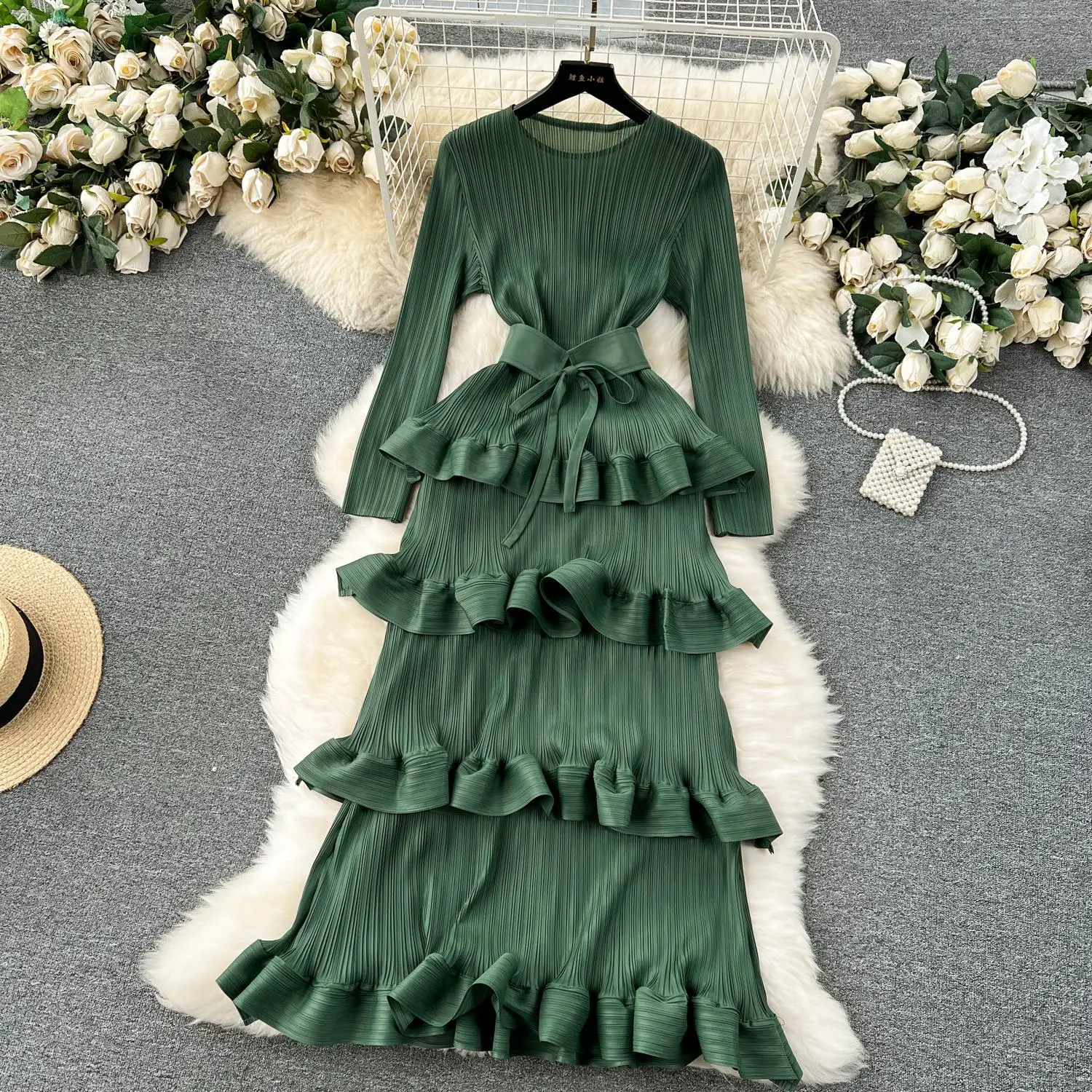 Miyake Multi-layer Cascading Pleated Dress Women O Neck Long Sleeve Solid Color Ruffles Cake Belt Dress Female Party Clothing