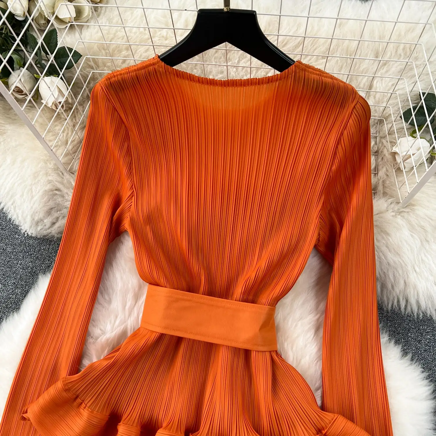 Miyake Multi-layer Cascading Pleated Dress Women O Neck Long Sleeve Solid Color Ruffles Cake Belt Dress Female Party Clothing