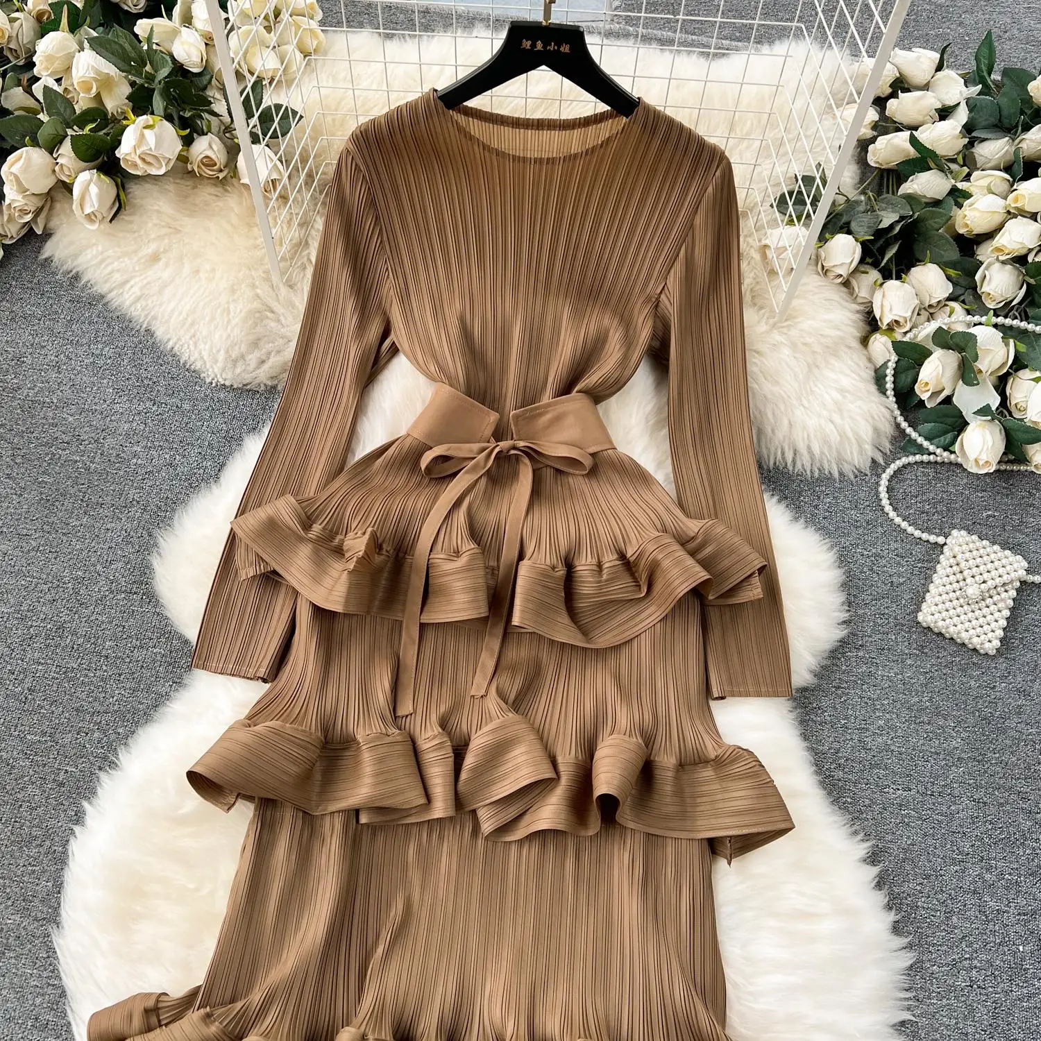 Miyake Multi-layer Cascading Pleated Dress Women O Neck Long Sleeve Solid Color Ruffles Cake Belt Dress Female Party Clothing