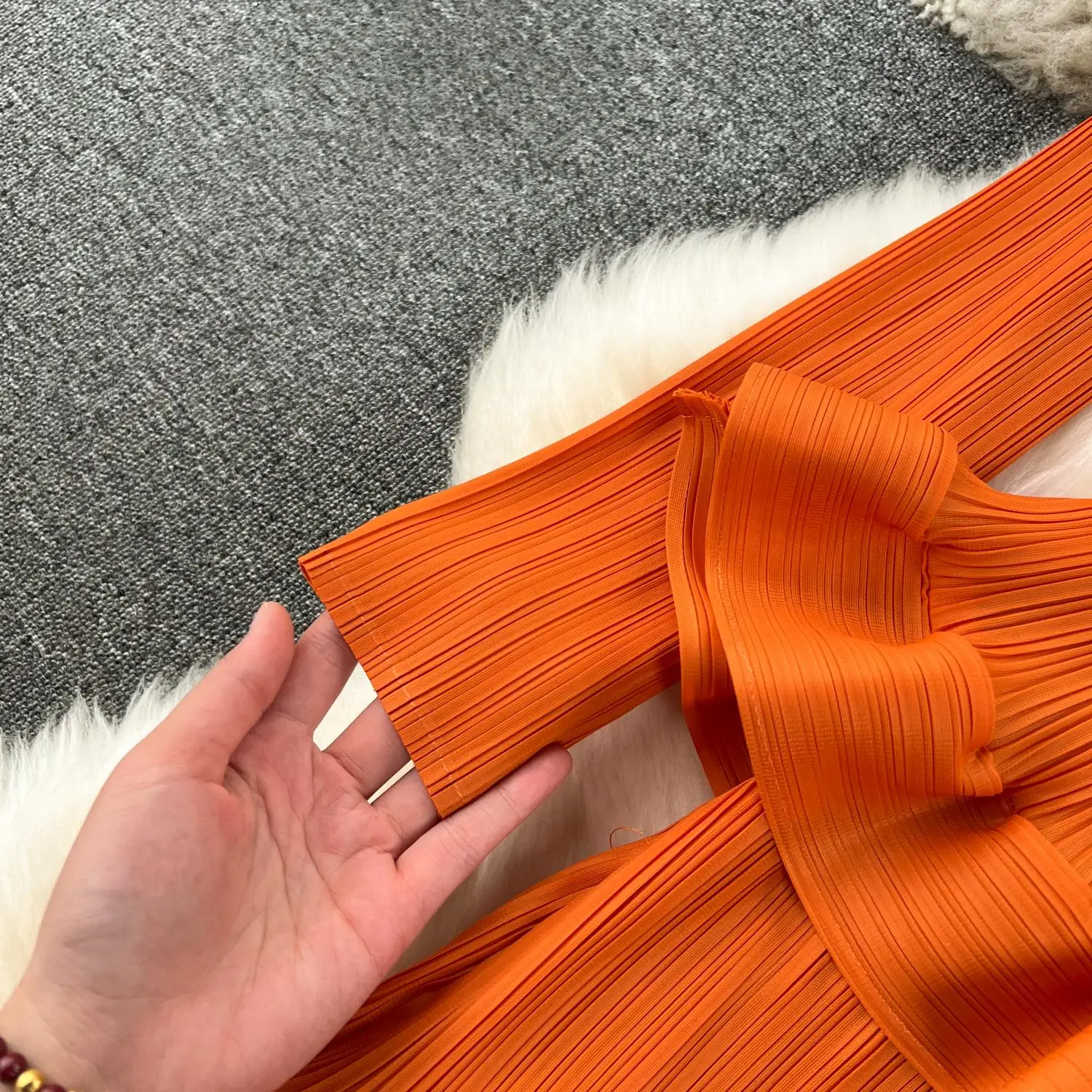 Miyake Multi-layer Cascading Pleated Dress Women O Neck Long Sleeve Solid Color Ruffles Cake Belt Dress Female Party Clothing