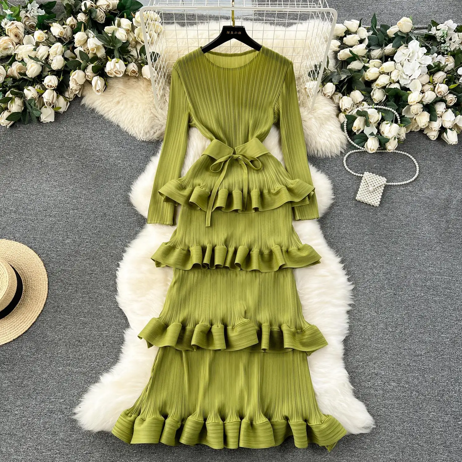 Miyake Multi-layer Cascading Pleated Dress Women O Neck Long Sleeve Solid Color Ruffles Cake Belt Dress Female Party Clothing