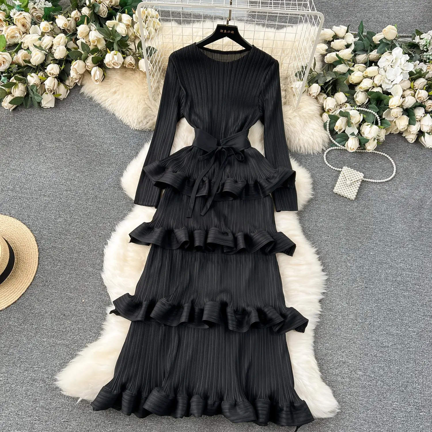 Miyake Multi-layer Cascading Pleated Dress Women O Neck Long Sleeve Solid Color Ruffles Cake Belt Dress Female Party Clothing
