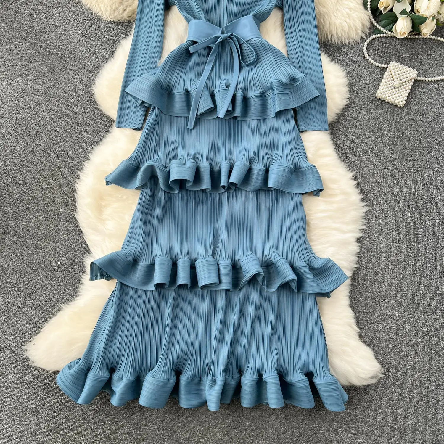 Miyake Multi-layer Cascading Pleated Dress Women O Neck Long Sleeve Solid Color Ruffles Cake Belt Dress Female Party Clothing