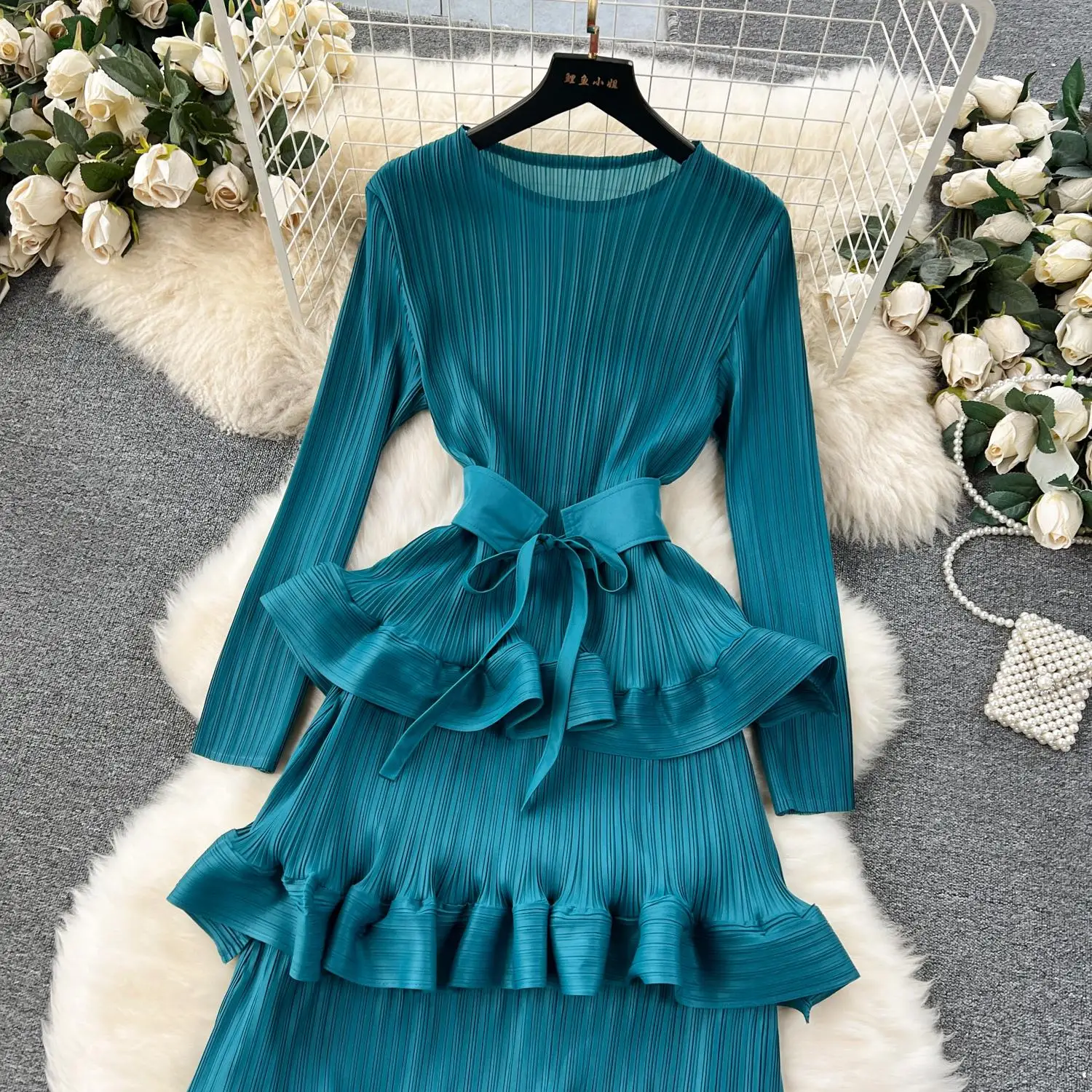 Miyake Multi-layer Cascading Pleated Dress Women O Neck Long Sleeve Solid Color Ruffles Cake Belt Dress Female Party Clothing