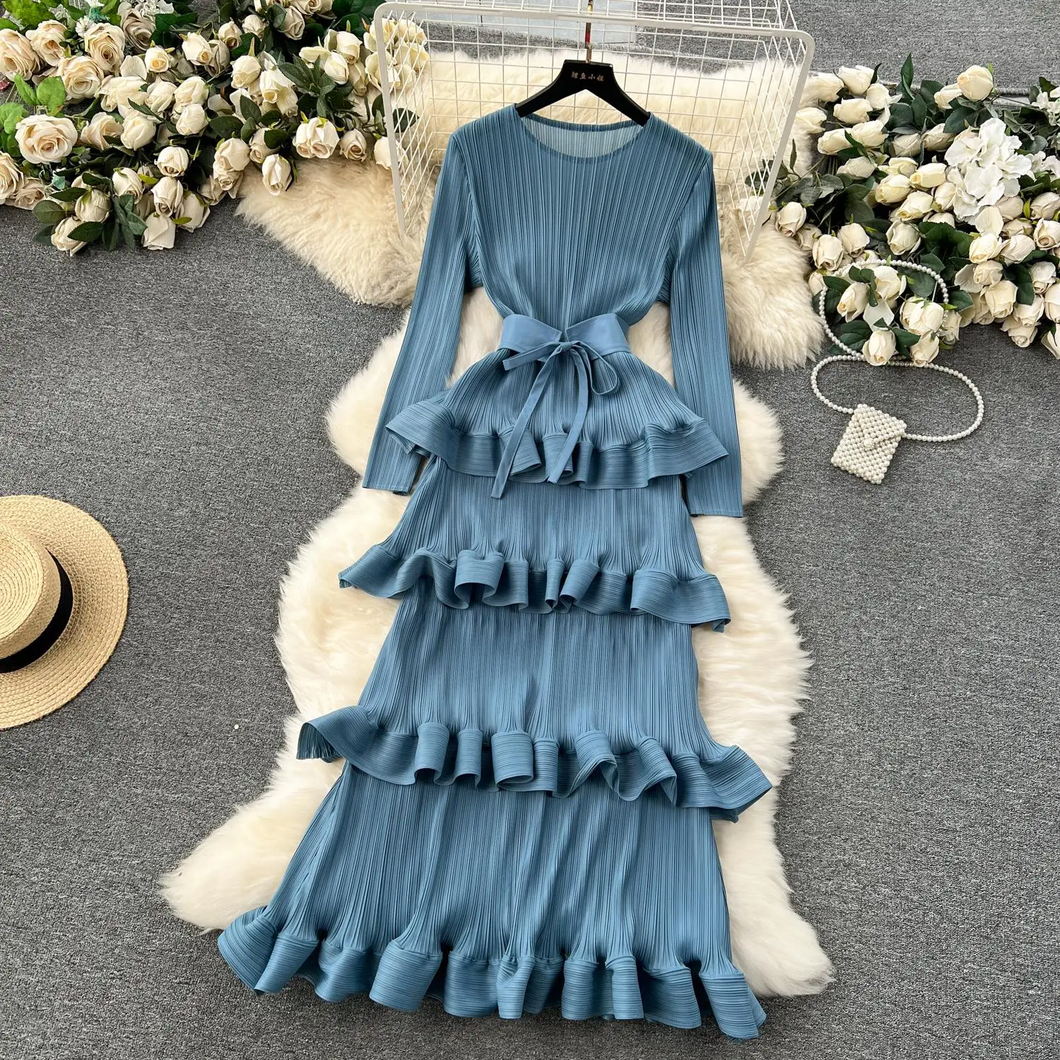 Miyake Multi-layer Cascading Pleated Dress Women O Neck Long Sleeve Solid Color Ruffles Cake Belt Dress Female Party Clothing