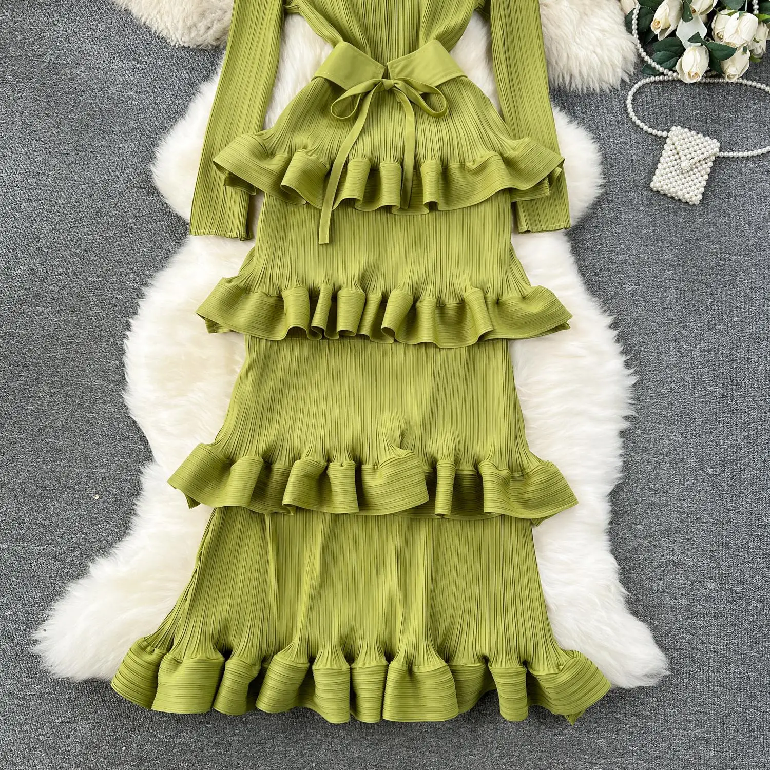 Miyake Multi-layer Cascading Pleated Dress Women O Neck Long Sleeve Solid Color Ruffles Cake Belt Dress Female Party Clothing