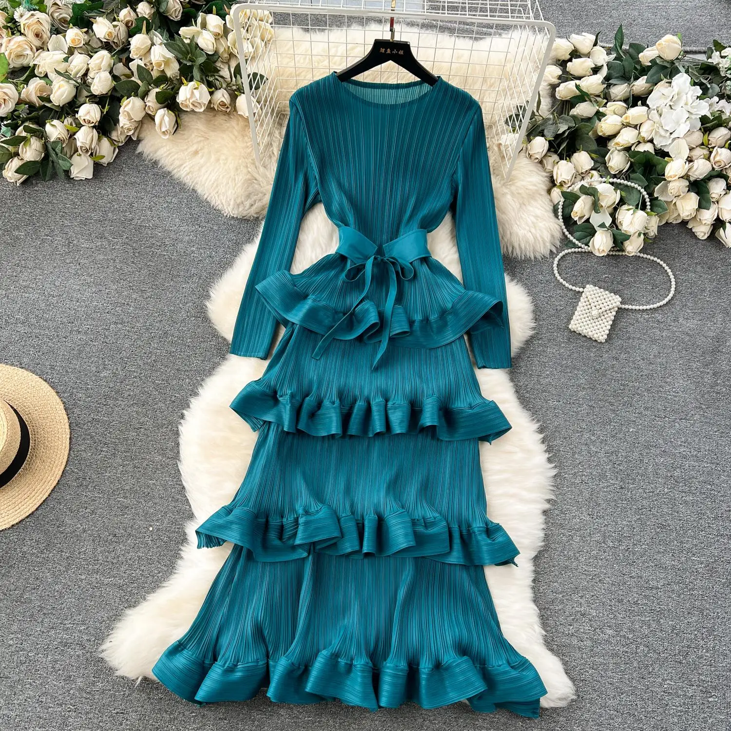 Miyake Multi-layer Cascading Pleated Dress Women O Neck Long Sleeve Solid Color Ruffles Cake Belt Dress Female Party Clothing