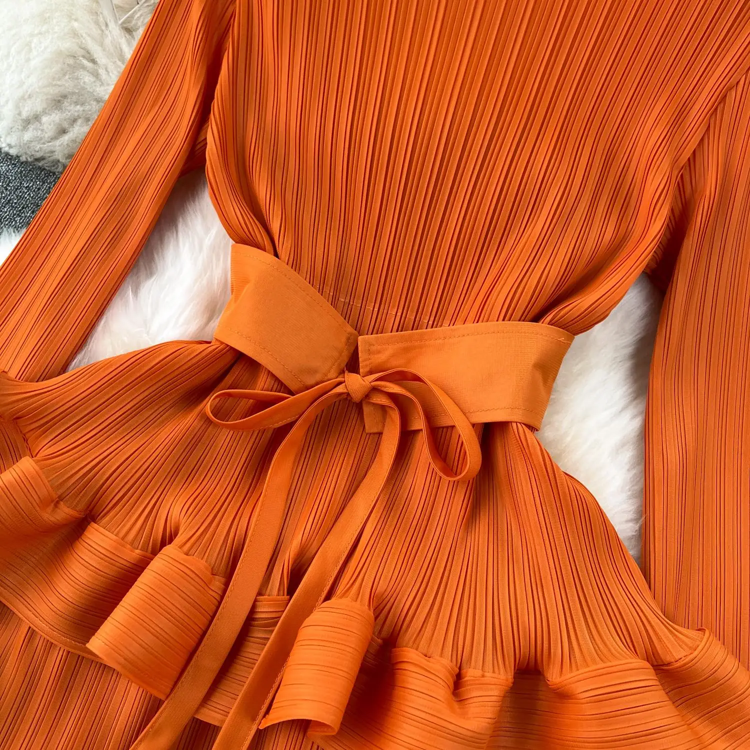 Miyake Multi-layer Cascading Pleated Dress Women O Neck Long Sleeve Solid Color Ruffles Cake Belt Dress Female Party Clothing