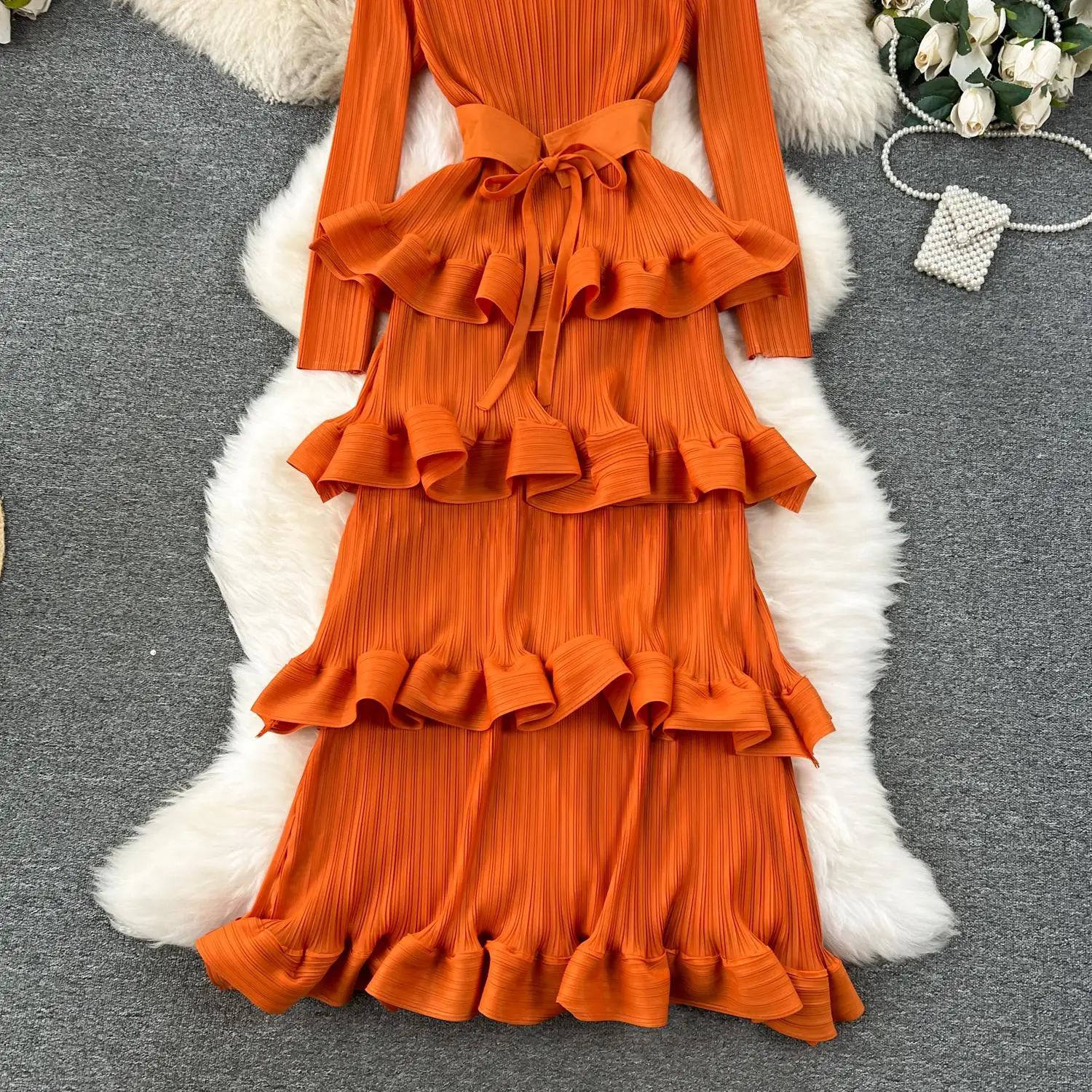 Miyake Multi-layer Cascading Pleated Dress Women O Neck Long Sleeve Solid Color Ruffles Cake Belt Dress Female Party Clothing