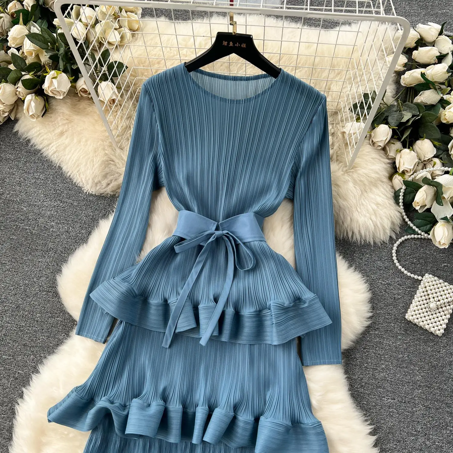 Miyake Multi-layer Cascading Pleated Dress Women O Neck Long Sleeve Solid Color Ruffles Cake Belt Dress Female Party Clothing