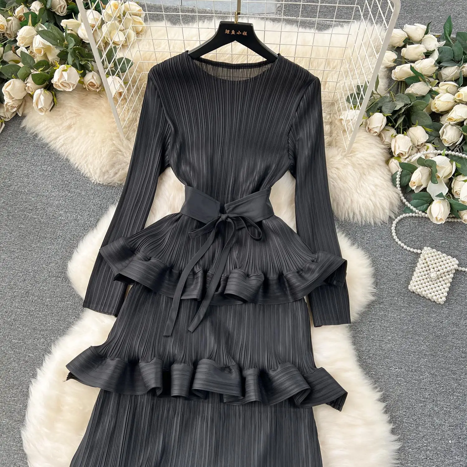 Miyake Multi-layer Cascading Pleated Dress Women O Neck Long Sleeve Solid Color Ruffles Cake Belt Dress Female Party Clothing