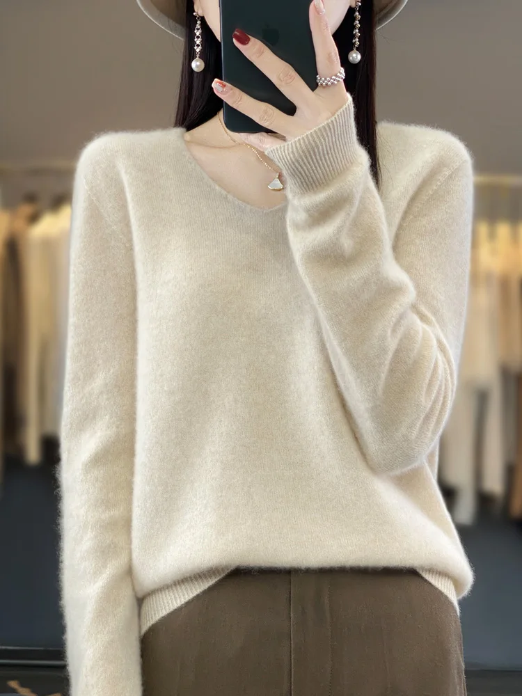 Fashion 100% Merino Wool Sweater Basic Cashmere Women Knitwear Pullover V-Neck Long Sleeve Autumn Winter Clothing Tops