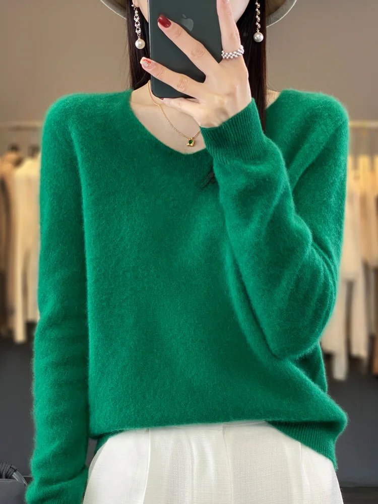 Fashion 100% Merino Wool Sweater Basic Cashmere Women Knitwear Pullover V-Neck Long Sleeve Autumn Winter Clothing Tops