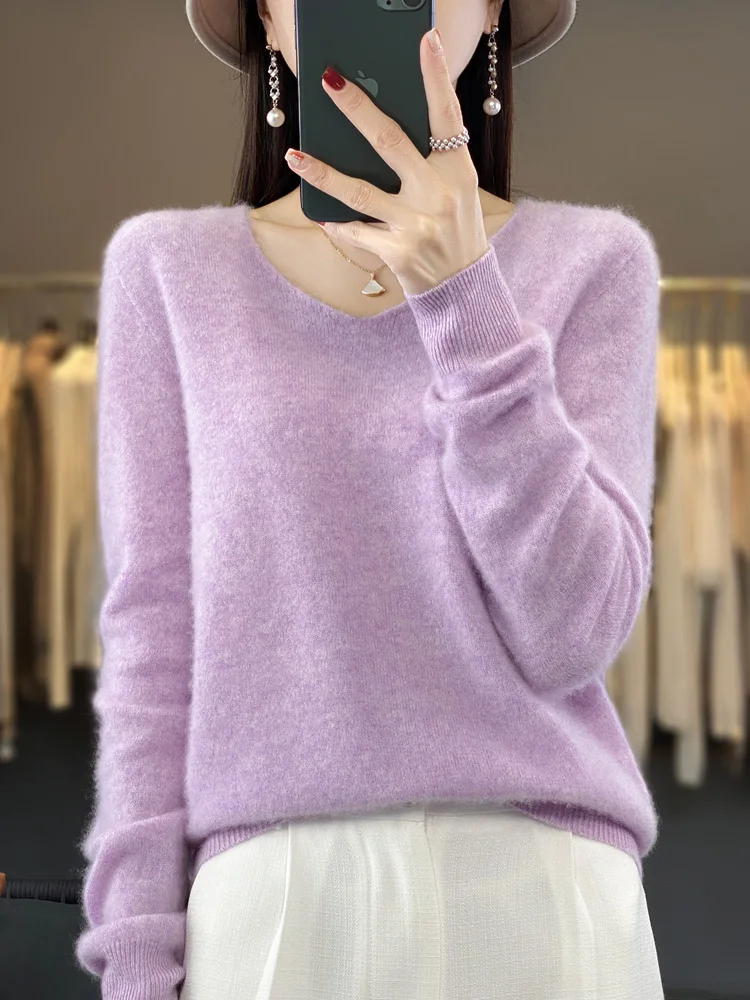 Fashion 100% Merino Wool Sweater Basic Cashmere Women Knitwear Pullover V-Neck Long Sleeve Autumn Winter Clothing Tops