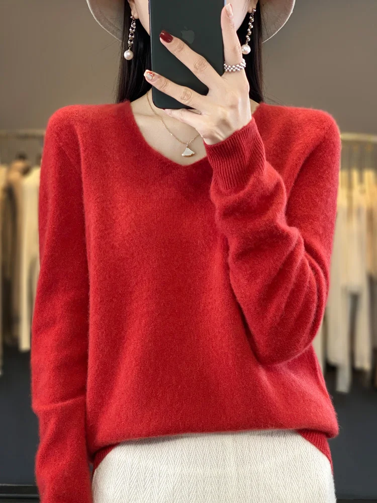 Fashion 100% Merino Wool Sweater Basic Cashmere Women Knitwear Pullover V-Neck Long Sleeve Autumn Winter Clothing Tops