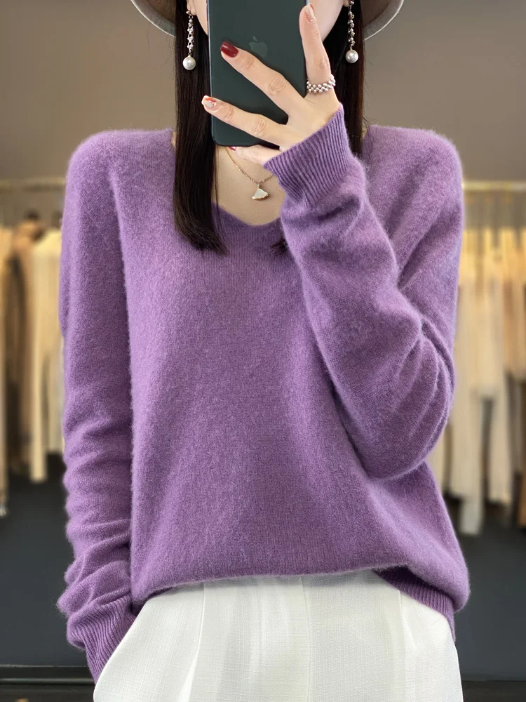 Fashion 100% Merino Wool Sweater Basic Cashmere Women Knitwear Pullover V-Neck Long Sleeve Autumn Winter Clothing Tops