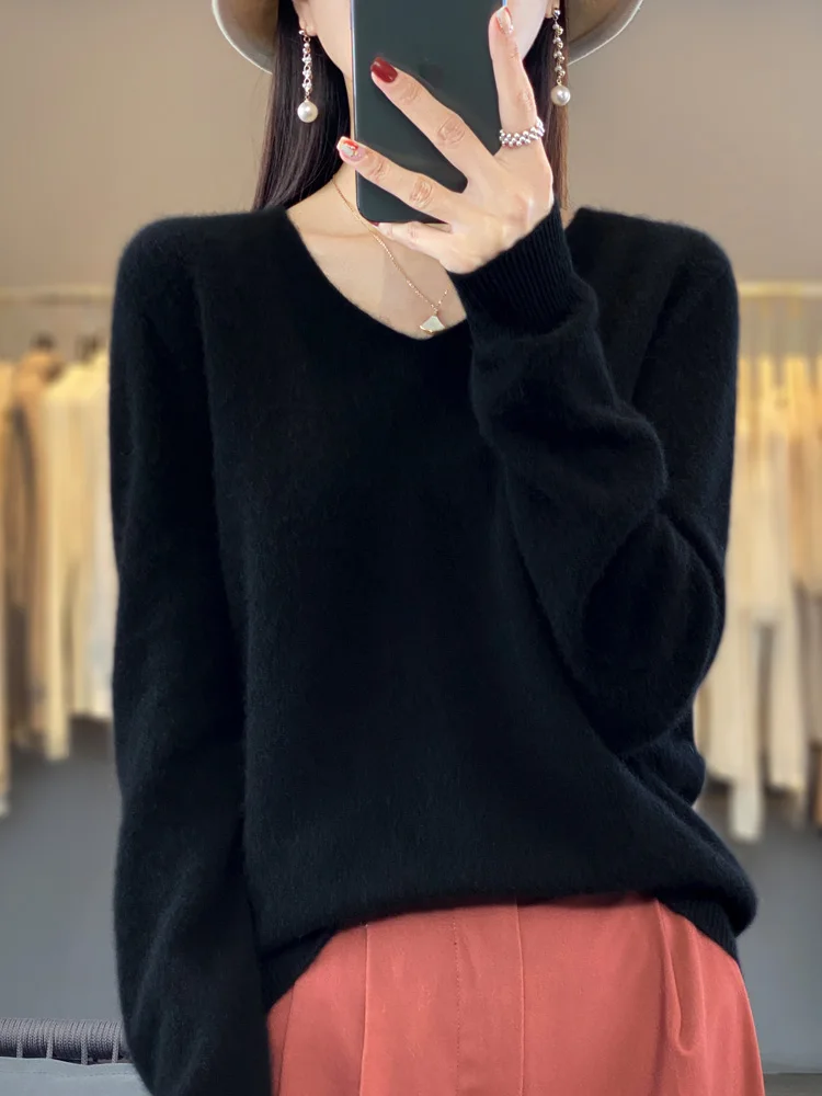 Fashion 100% Merino Wool Sweater Basic Cashmere Women Knitwear Pullover V-Neck Long Sleeve Autumn Winter Clothing Tops