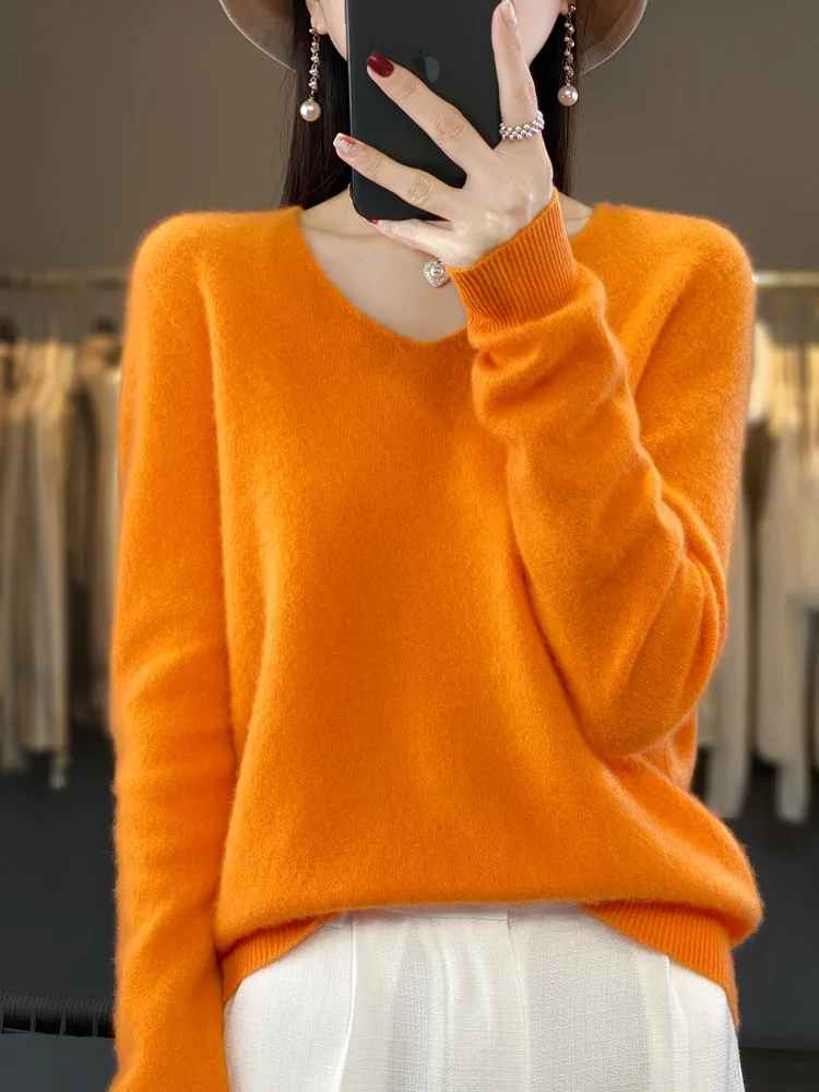 Fashion 100% Merino Wool Sweater Basic Cashmere Women Knitwear Pullover V-Neck Long Sleeve Autumn Winter Clothing Tops