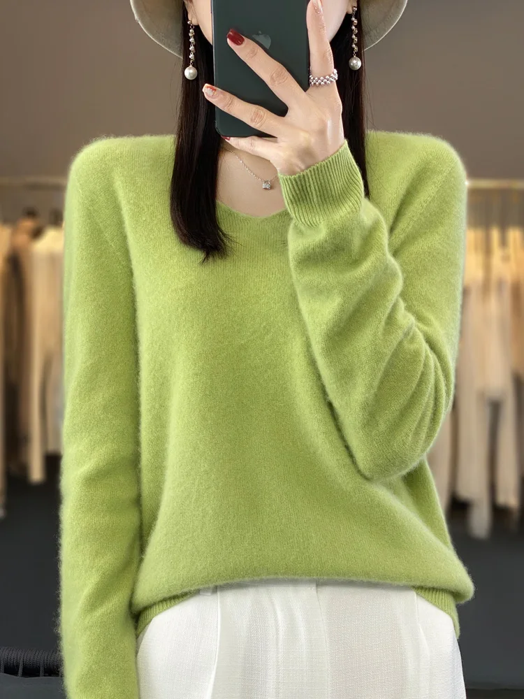 Fashion 100% Merino Wool Sweater Basic Cashmere Women Knitwear Pullover V-Neck Long Sleeve Autumn Winter Clothing Tops