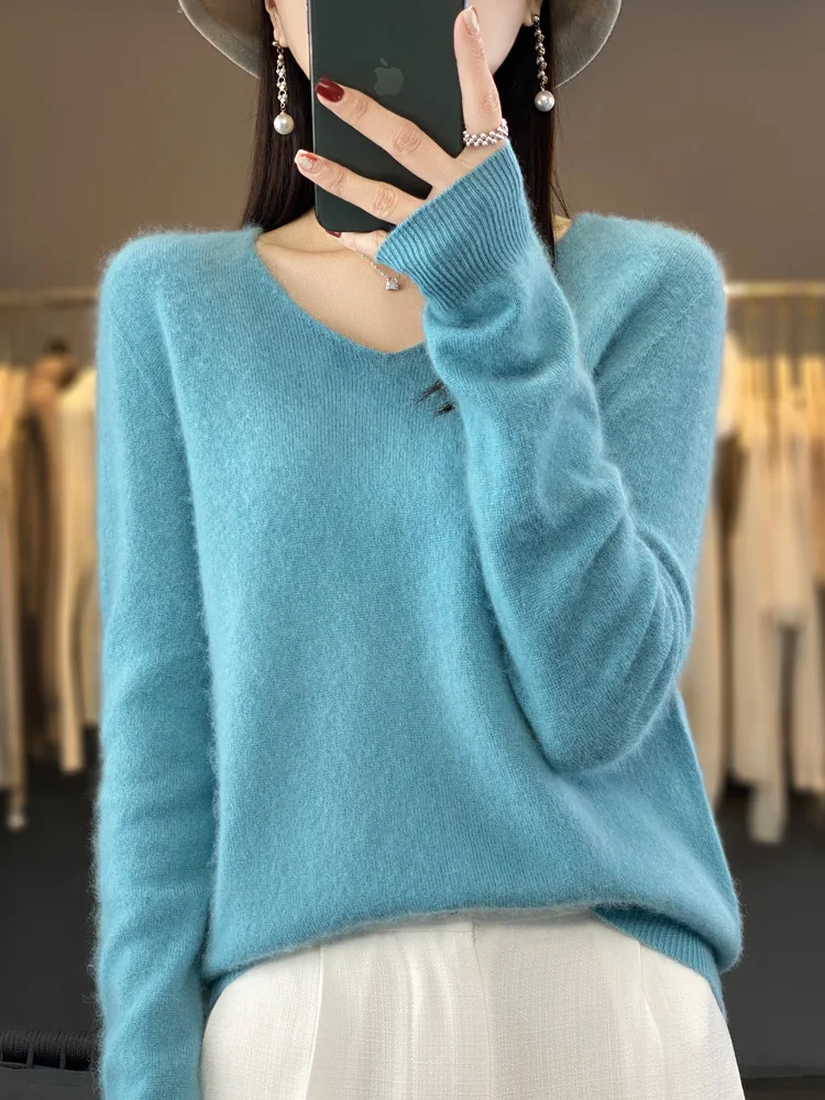 Fashion 100% Merino Wool Sweater Basic Cashmere Women Knitwear Pullover V-Neck Long Sleeve Autumn Winter Clothing Tops