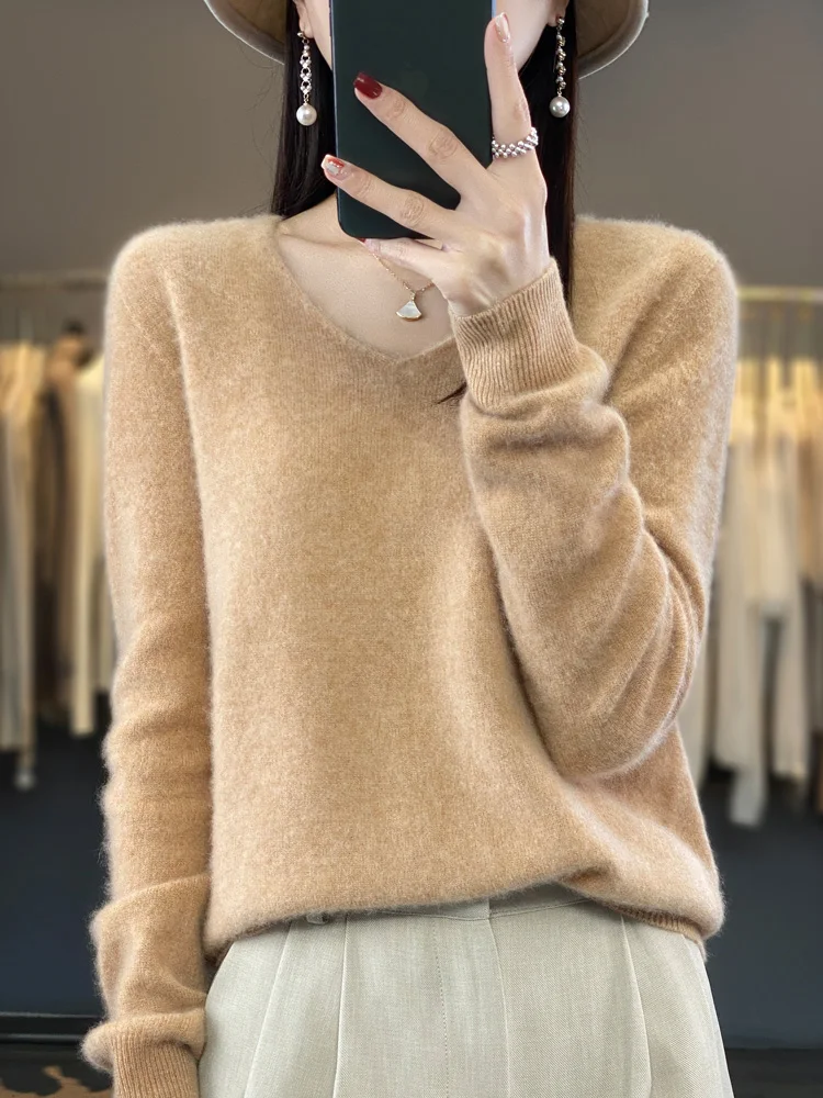 Fashion 100% Merino Wool Sweater Basic Cashmere Women Knitwear Pullover V-Neck Long Sleeve Autumn Winter Clothing Tops