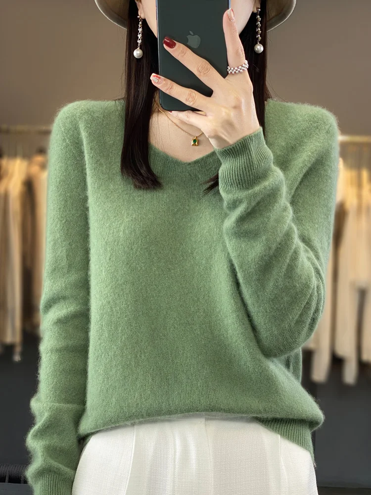 Fashion 100% Merino Wool Sweater Basic Cashmere Women Knitwear Pullover V-Neck Long Sleeve Autumn Winter Clothing Tops