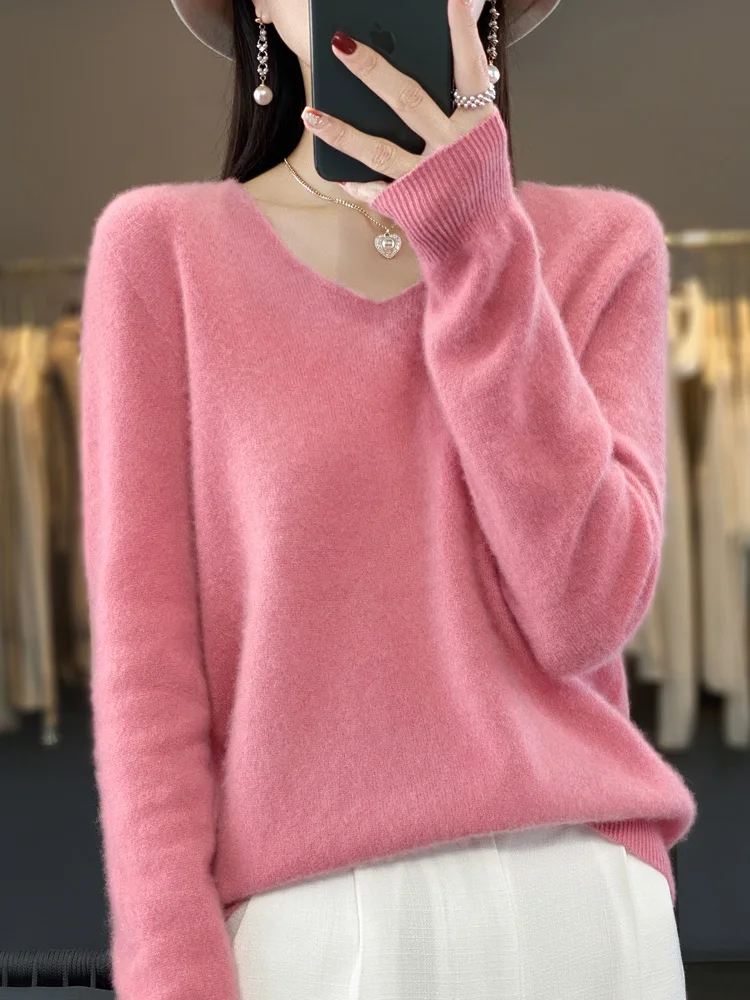 Fashion 100% Merino Wool Sweater Basic Cashmere Women Knitwear Pullover V-Neck Long Sleeve Autumn Winter Clothing Tops