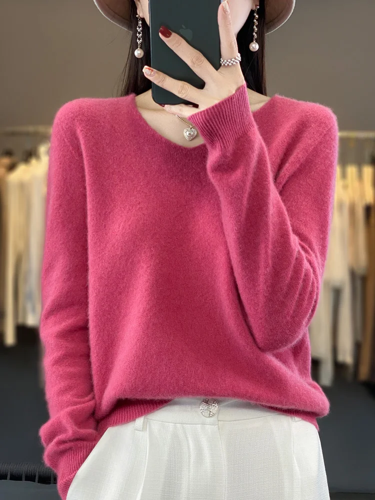 Fashion 100% Merino Wool Sweater Basic Cashmere Women Knitwear Pullover V-Neck Long Sleeve Autumn Winter Clothing Tops