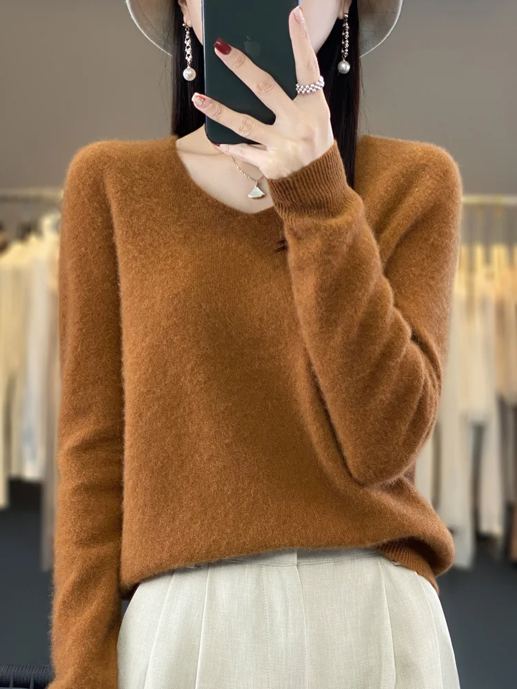 Fashion 100% Merino Wool Sweater Basic Cashmere Women Knitwear Pullover V-Neck Long Sleeve Autumn Winter Clothing Tops